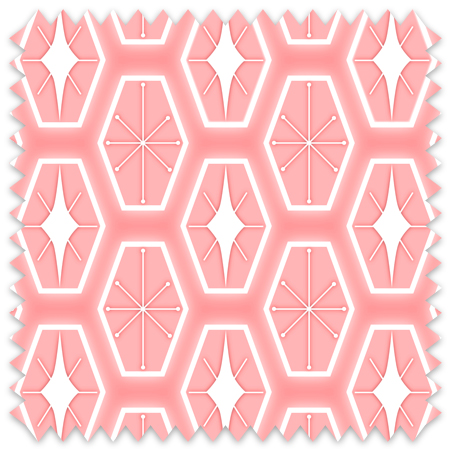 The artwork consists of a repeating geometric pattern featuring hexagonal shapes filled with two different designs. One design inside the hexagons includes a symmetrical starburst or asterisk-like figure with lines radiating from a central point, each line ending in a small circle. The other design features a white diamond shape with extended pointed ends within the teal hexagon. These hexagons are outlined with a white border and set against a soft pink background creating a vibrant, retro aesthetic. The use of white, and pink colors, along with the symmetrical arrangement, gives the pattern a mid-century modern, playful style.